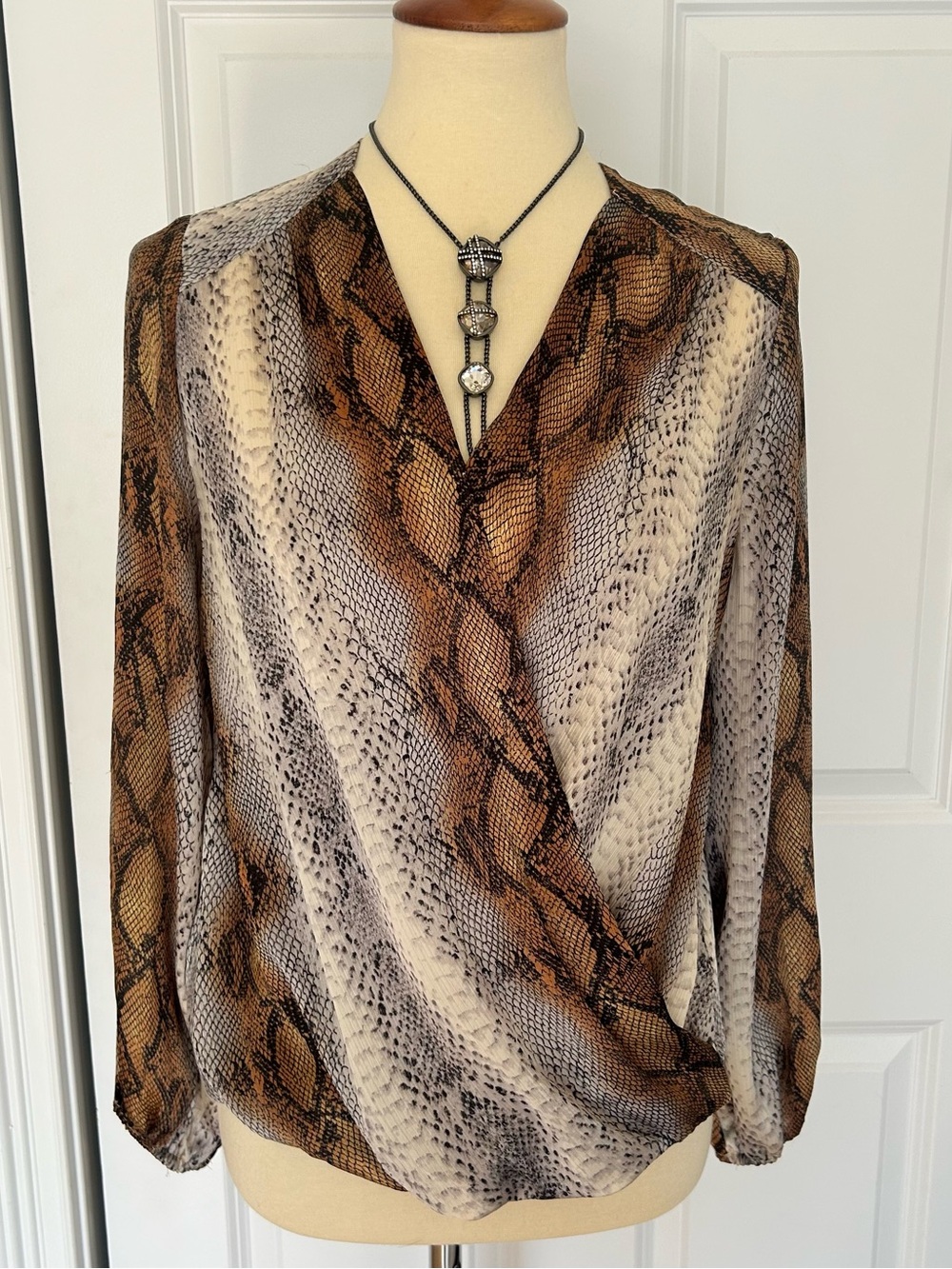 TAHARI Python Print Faux Wrap Blouse in Brown & Cream